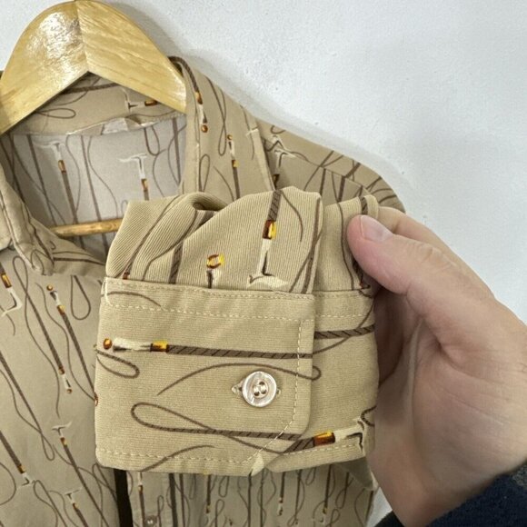 Vintage 70s Disco Men L Mr Jeff Pierre Gerard Polyester Button Shirt Tan L/S - Picture 3 of 5